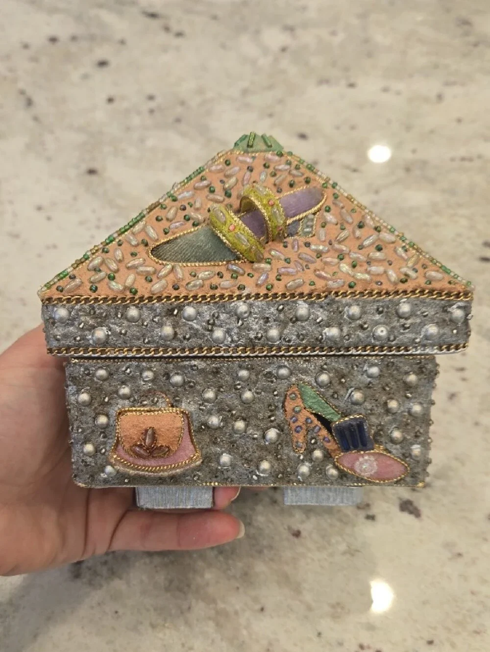 Mary Frances Beaded Triangle Jewelry Box - Cream, Gold, Green, Purple